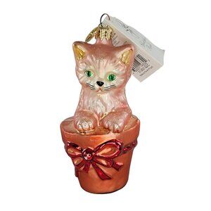 Christopher Radko Terracotta Kitty Christmas Ornament QVC Pink Cat Green Eyes